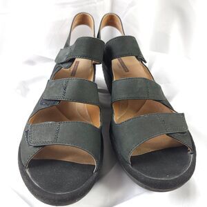 Clarks Reedly Juno Black Leather Wedge Sandals Comfort‎ Sandals Women 9M UK6.5